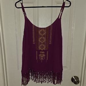 Maurices Purple Embroidered Camisole with Fringe